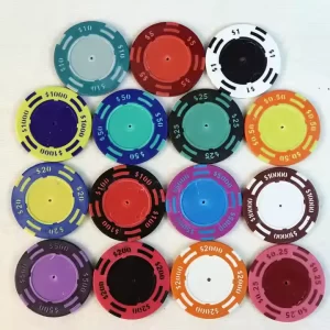 Custom 40mm 14g clay poker chips with $0.25-20000 injected denomination