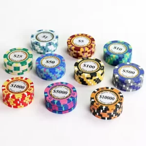 40mm 14g clay poker chips with 3-color crown edges and gold glitter Monte Carlo casino stickers