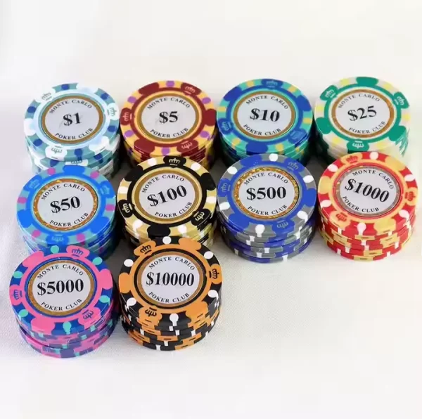 Professional 14-gram clay poker chips featuring crown design and removable gold foil Monte Carlo decals