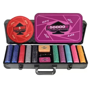 Professional EPT ceramic poker chips and plaques set in black case - 39mm 10g tournament quality