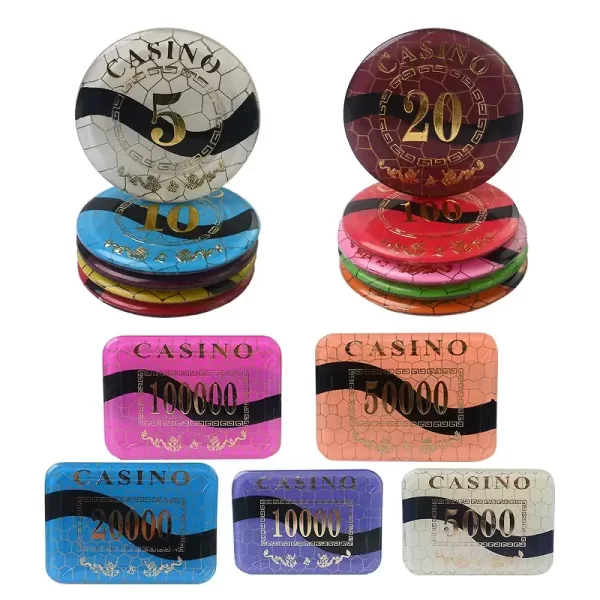 Luxury acrylic poker chips and plaques set featuring durable casino-grade materials