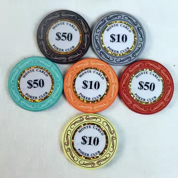 Premium 39mm ceramic hybrid poker chips featuring dual-layer printing and removable stickers